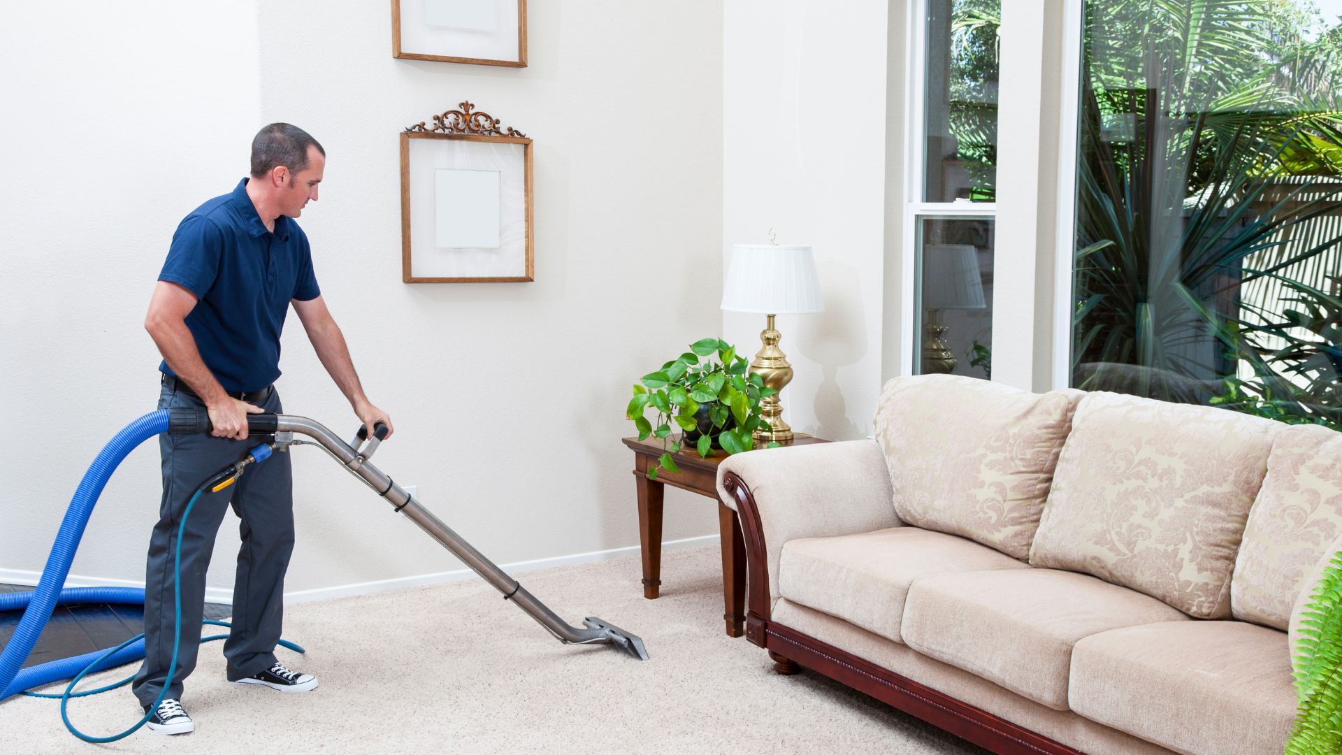 Professional cleaning technician using a hot water extraction machine on a carpet